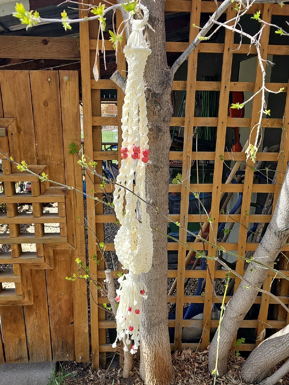 Macramé Plant Holder White With Red Wooden Beads Approximately 3-4'